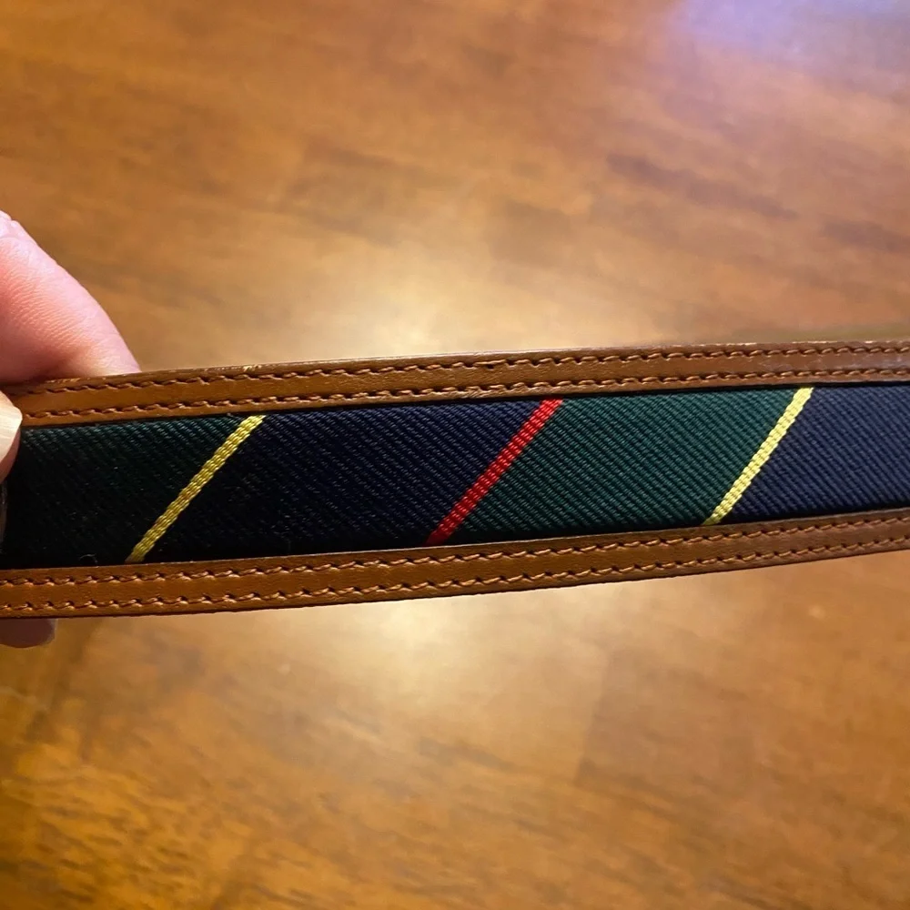 Lands' End Brown Leather-Trim Belt with Navy, Green & Red Stripes